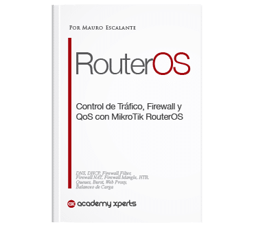 Portada del libro Control de Tráfico Avanzado con MikroTik RouterOS mostrando un enrutador MikroTik y gráficos de tráfico de red