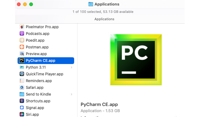 Ejecute la aplicación PyCharm desde el directorio Aplicaciones