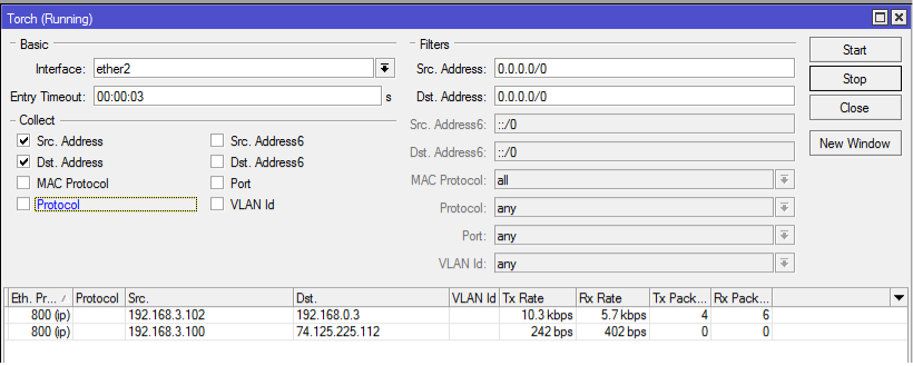 MikroTik herramienta troubleshooting torch