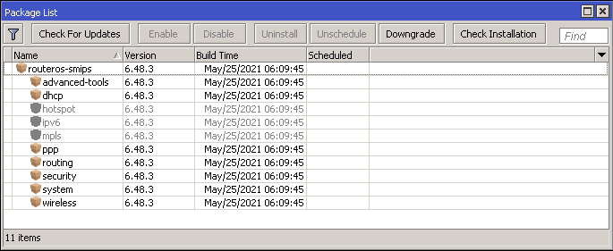 Winbox System Packages MikroTik RouterOS buscar actualizaciones