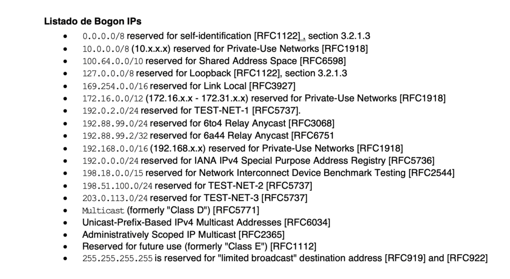 Listado de Bogon IPs