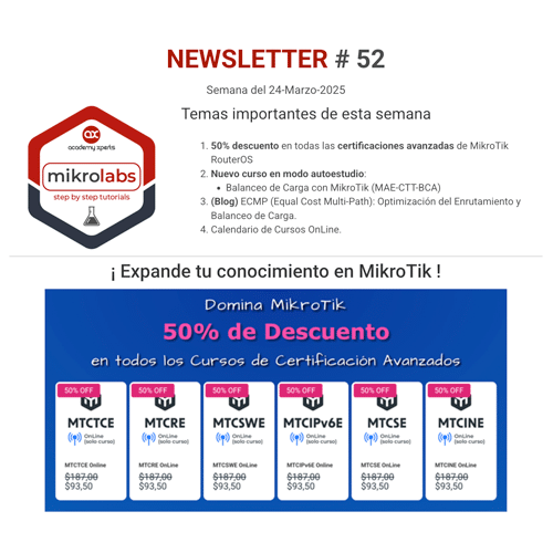 Newsletter 52: 50% OFF en Certificaciones Avanzadas MikroTik. Balanceo de Carga en Autoestudio