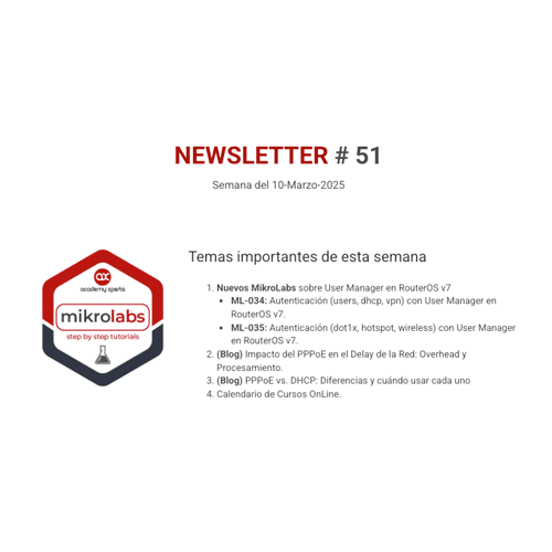 Newsletter 051: Nuevos MikroLabs. Hablemos de PPPoE. Calendario de cursos