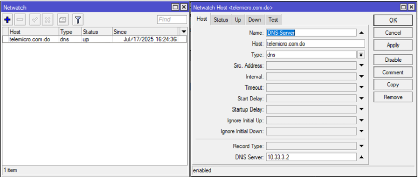 Supervisión avanzada con Netwatch DNS en MikroTik RouterOS