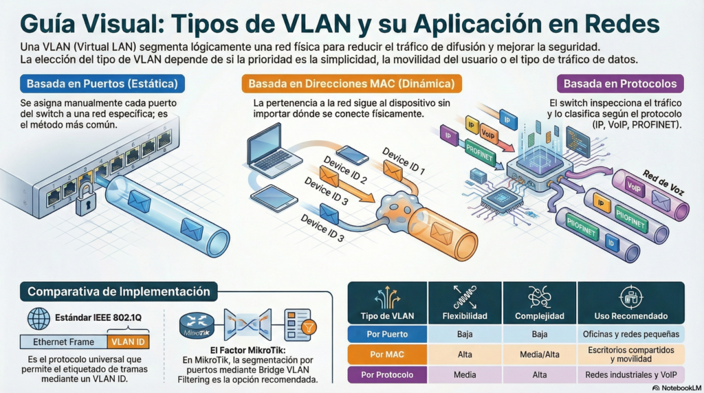 Tipos de VLAN: Basadas en Puertos, Direcciones MAC y Protocolos