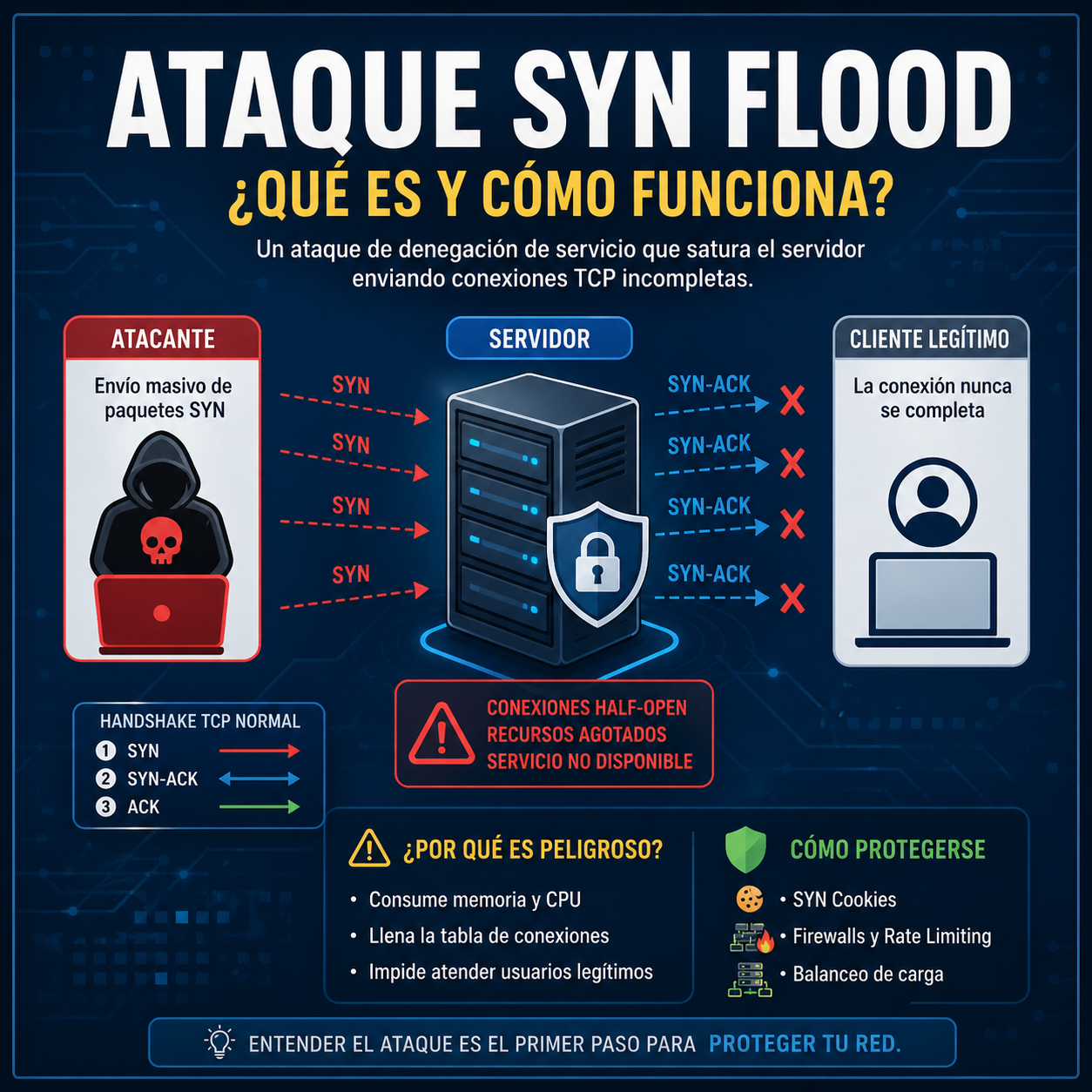 Que es un ataque de inundacion SYN (SYN Flood) y como funciona