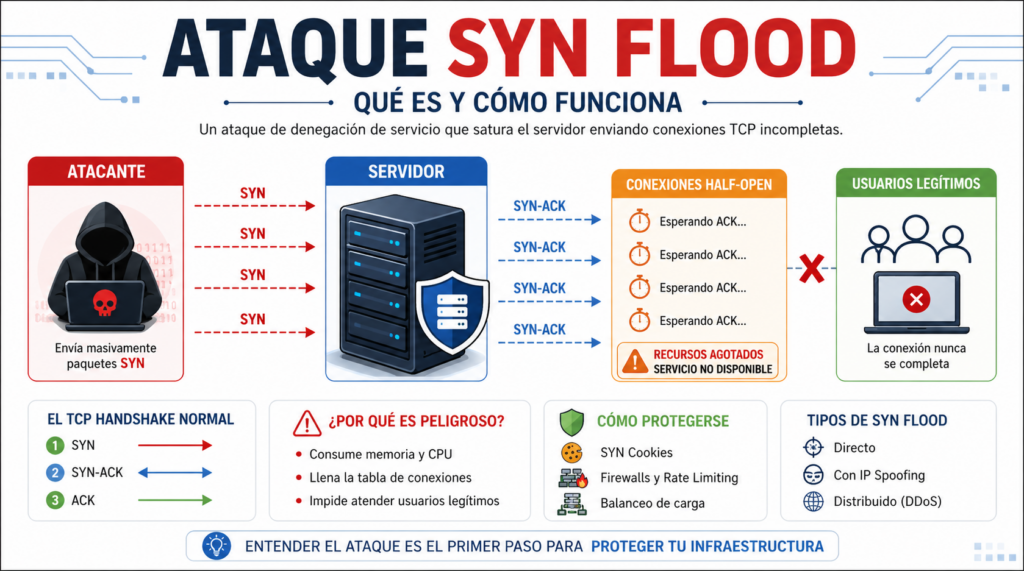Que es un ataque de inundacion SYN (SYN Flood) y como funciona