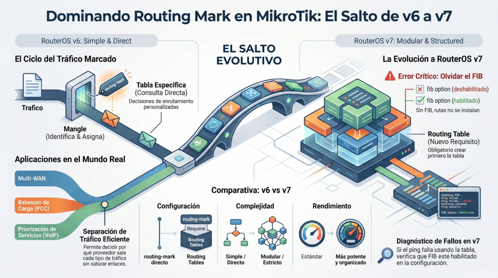Routing Mark en RouterOS v6 y v7: guia completa con ejemplos reales