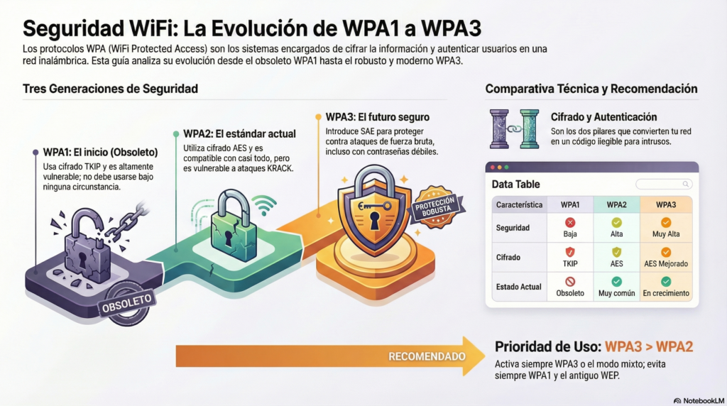 ¿Como funcionan los protocolos de seguridad WPA1, WPA2 y WPA3?