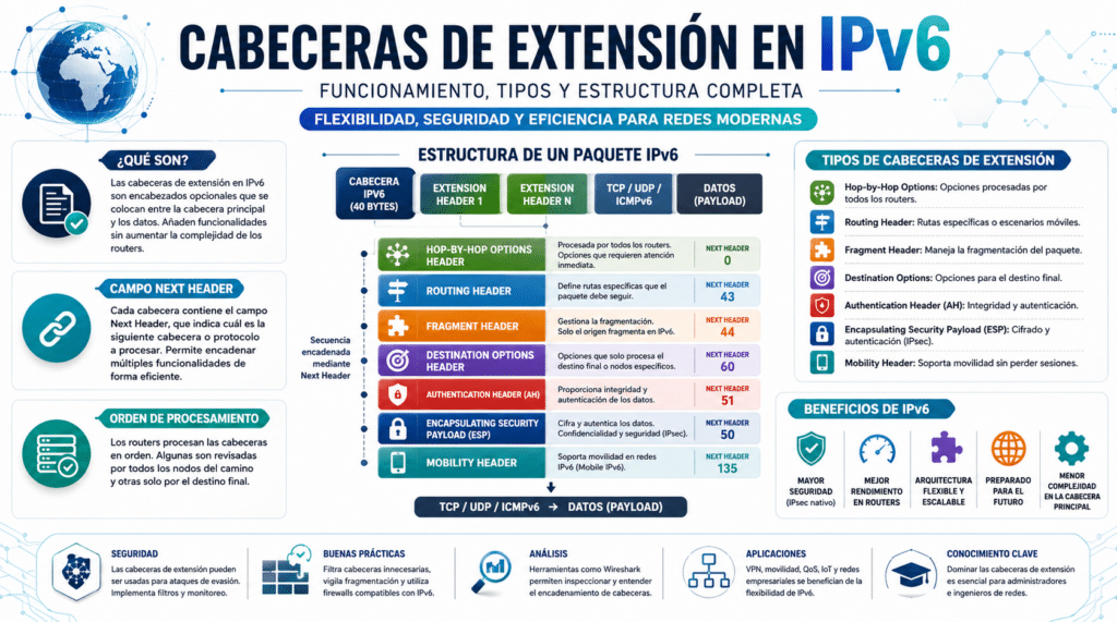 Cabeceras de Extension en IPv6: Funcionamiento, Tipos y Estructura Completa