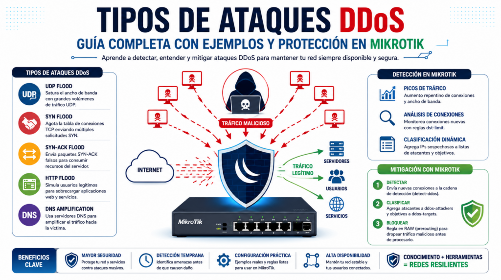 Tipos de Ataques de Denegacion de Servicio Distribuido (DDoS): Guia Completa con Ejemplos y Proteccion en MikroTik