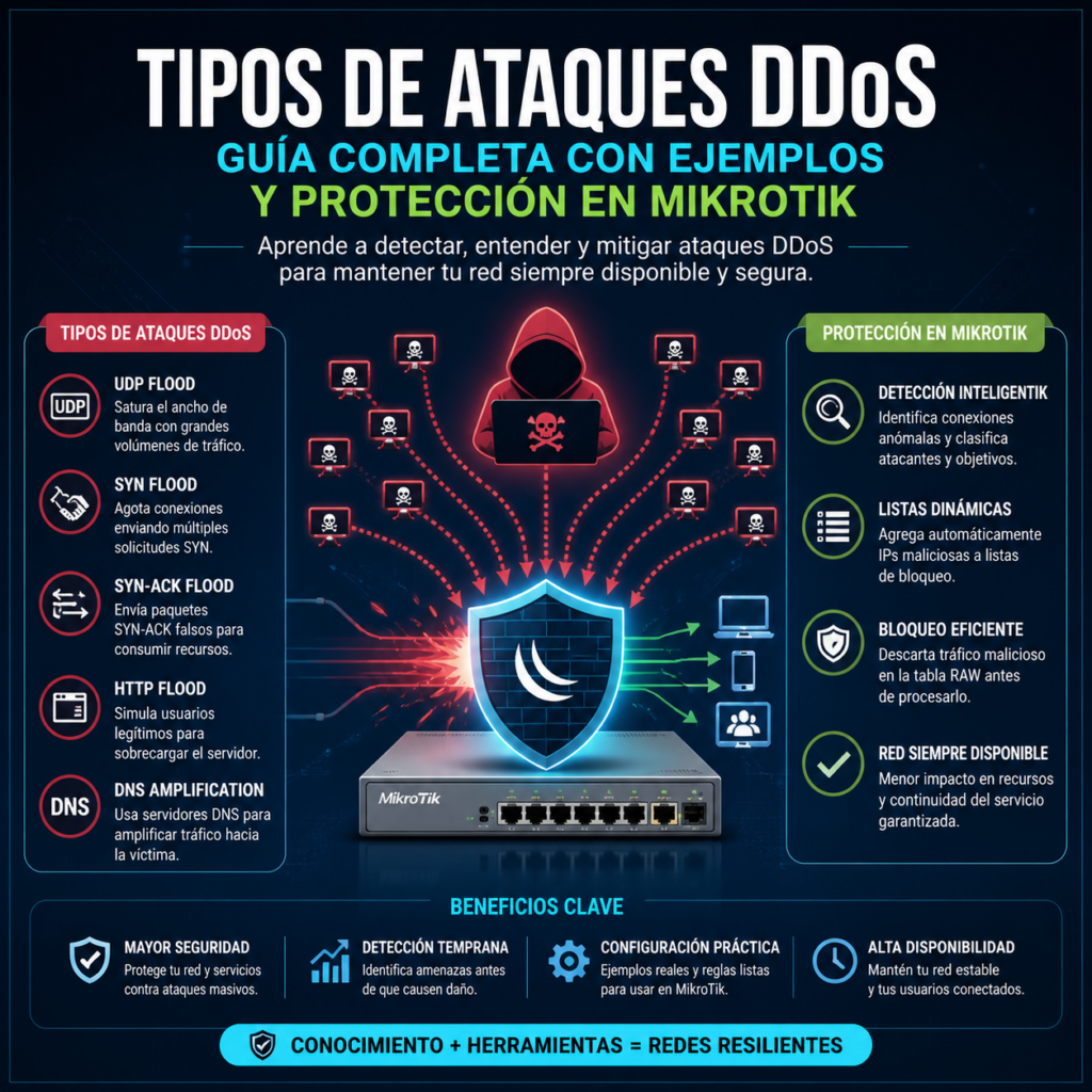 Tipos de Ataques de Denegacion de Servicio Distribuido (DDoS): Guia Completa con Ejemplos y Proteccion en MikroTik