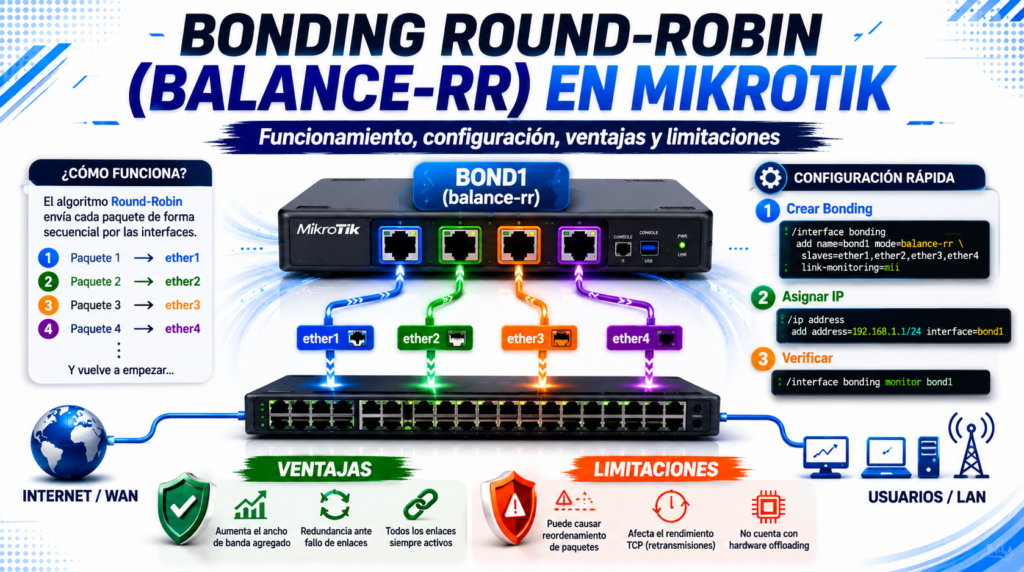 Bonding Round-Robin (balance-rr) en MikroTik: funcionamiento, configuracion, ventajas y limitaciones