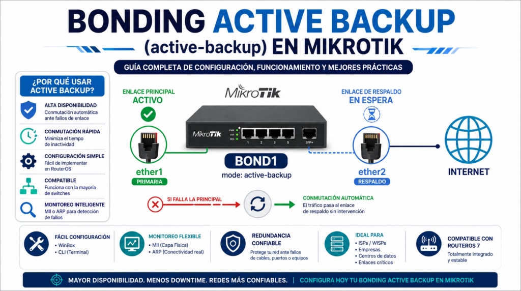Bonding Active Backup (active-backup) en MikroTik: guia completa de configuracion, funcionamiento y mejores practicas