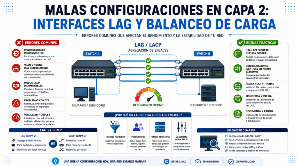 Malas configuraciones en Capa 2: errores comunes en interfaces LAG y balanceo de carga