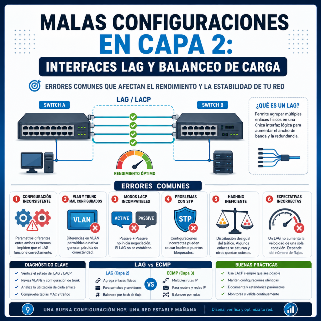 Malas configuraciones en Capa 2: errores comunes en interfaces LAG y balanceo de carga